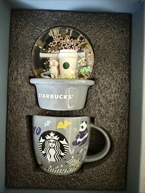 Starbucks Tokyo, Japan Panda Mug/Mini Snow Globe Set, Featuring Dog and Temple